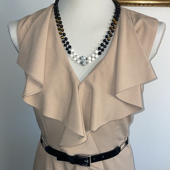 Anthropologie Calvin Klein Tan Ruffle Front Sleeveless Midi Dress.   Size 10. - Picture 1 of 13